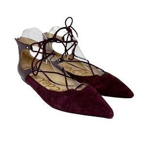 SAM EDELMAN Rosie Pointed Toe Ballet Flats Size 8.5 Lace Up Wine Burgundy Suede